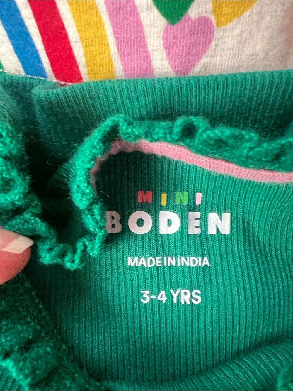 Mini Boden Emerald Green Ribbed Top with Rainbow Heart Print Set